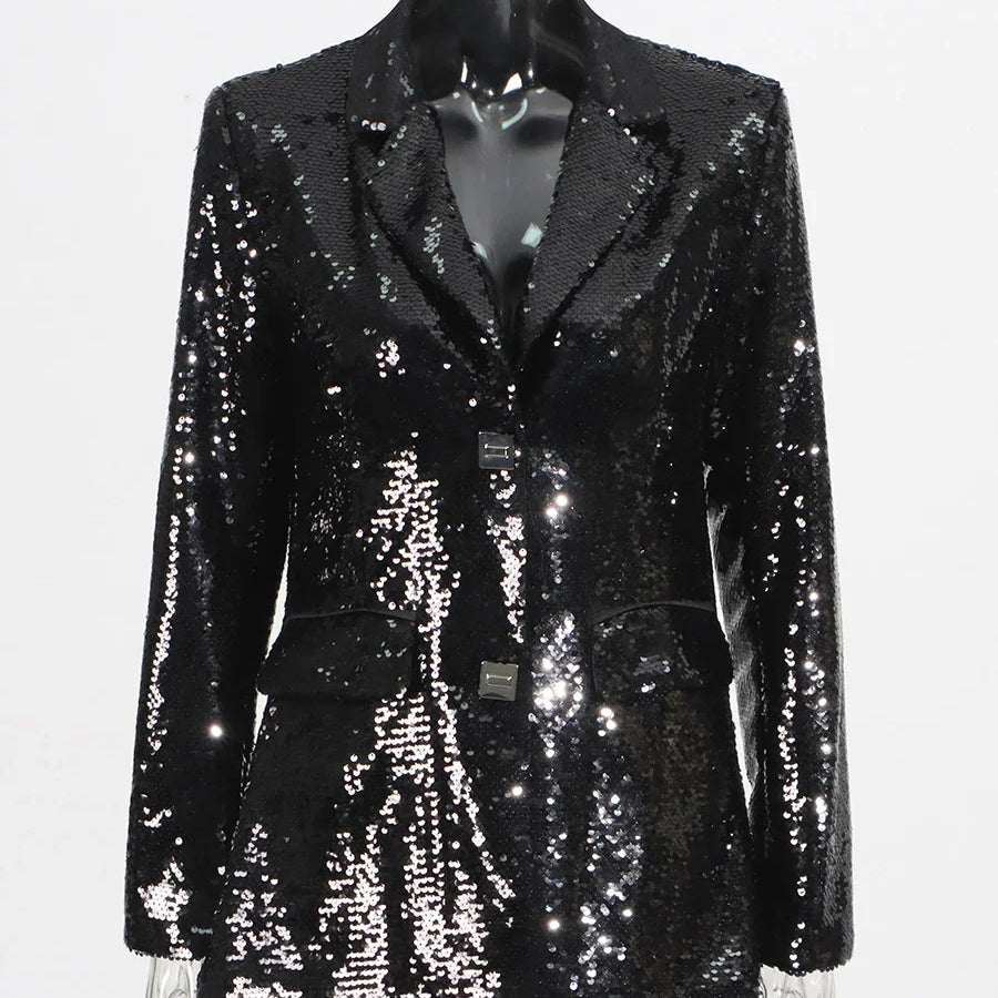 Solid Slimming Spliced Sequins Blazer for Women Lapel Long Sleeves Patchwork Pockets Coat Female Fashion Clothing