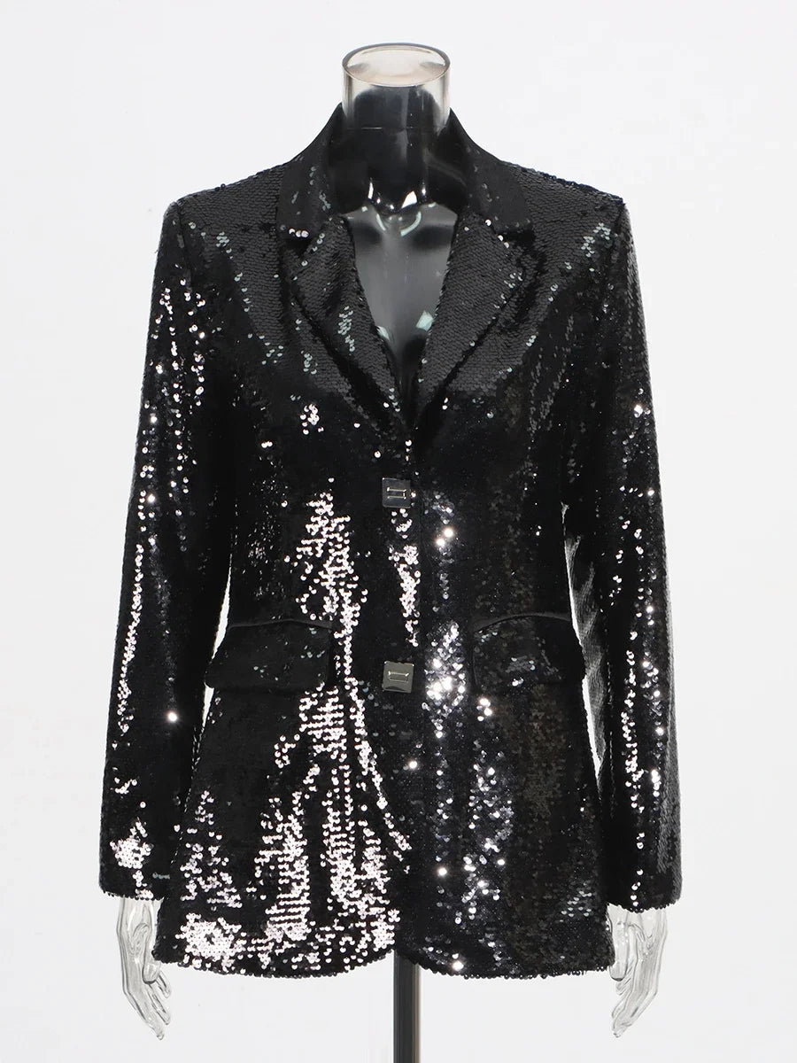Solid Slimming Spliced Sequins Blazer for Women Lapel Long Sleeves Patchwork Pockets Coat Female Fashion Clothing