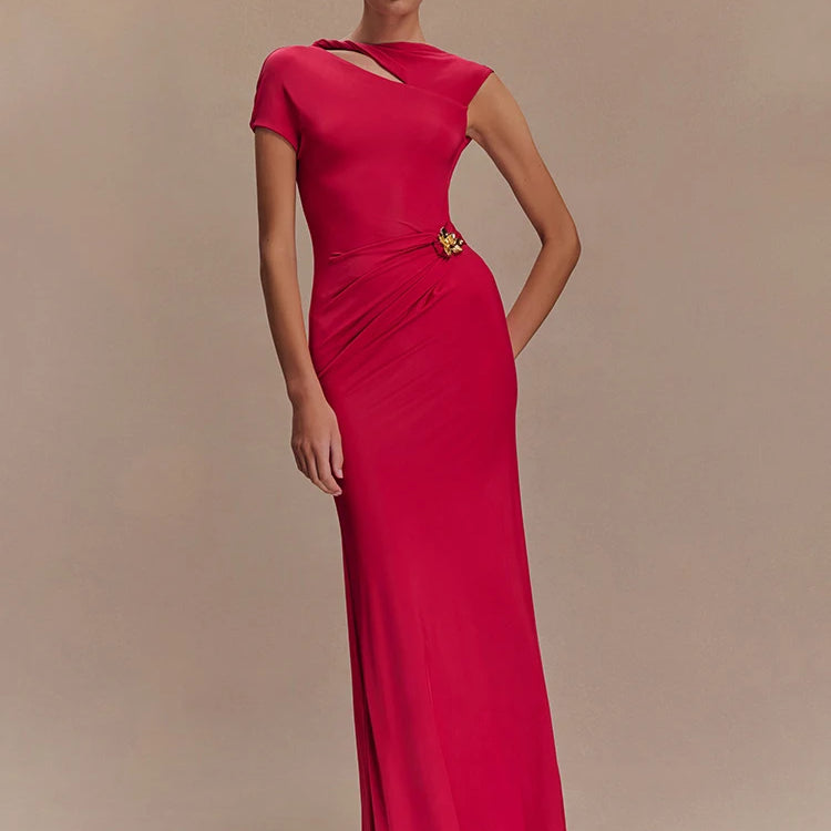 Mozision Hollow Out Gold Clasp Sexy Maxi Dress For Women Gown Solid Sleeveless Backless Ruched Bodycon Club Long Dress Elegant Rose Red