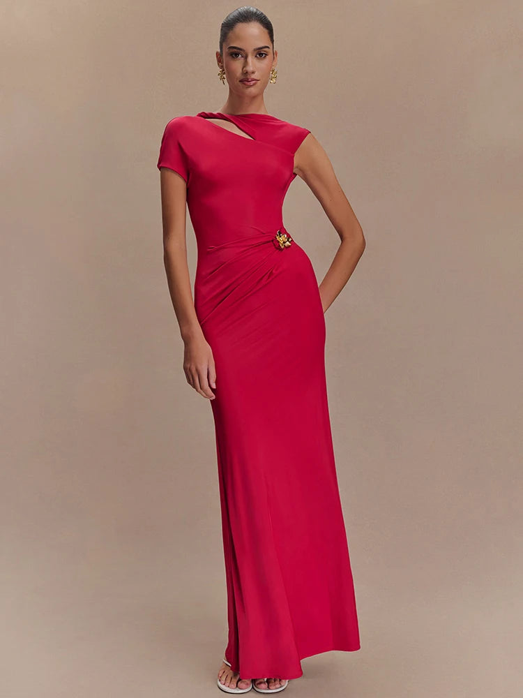 Mozision Hollow Out Gold Clasp Sexy Maxi Dress For Women Gown Solid Sleeveless Backless Ruched Bodycon Club Long Dress Elegant Rose Red