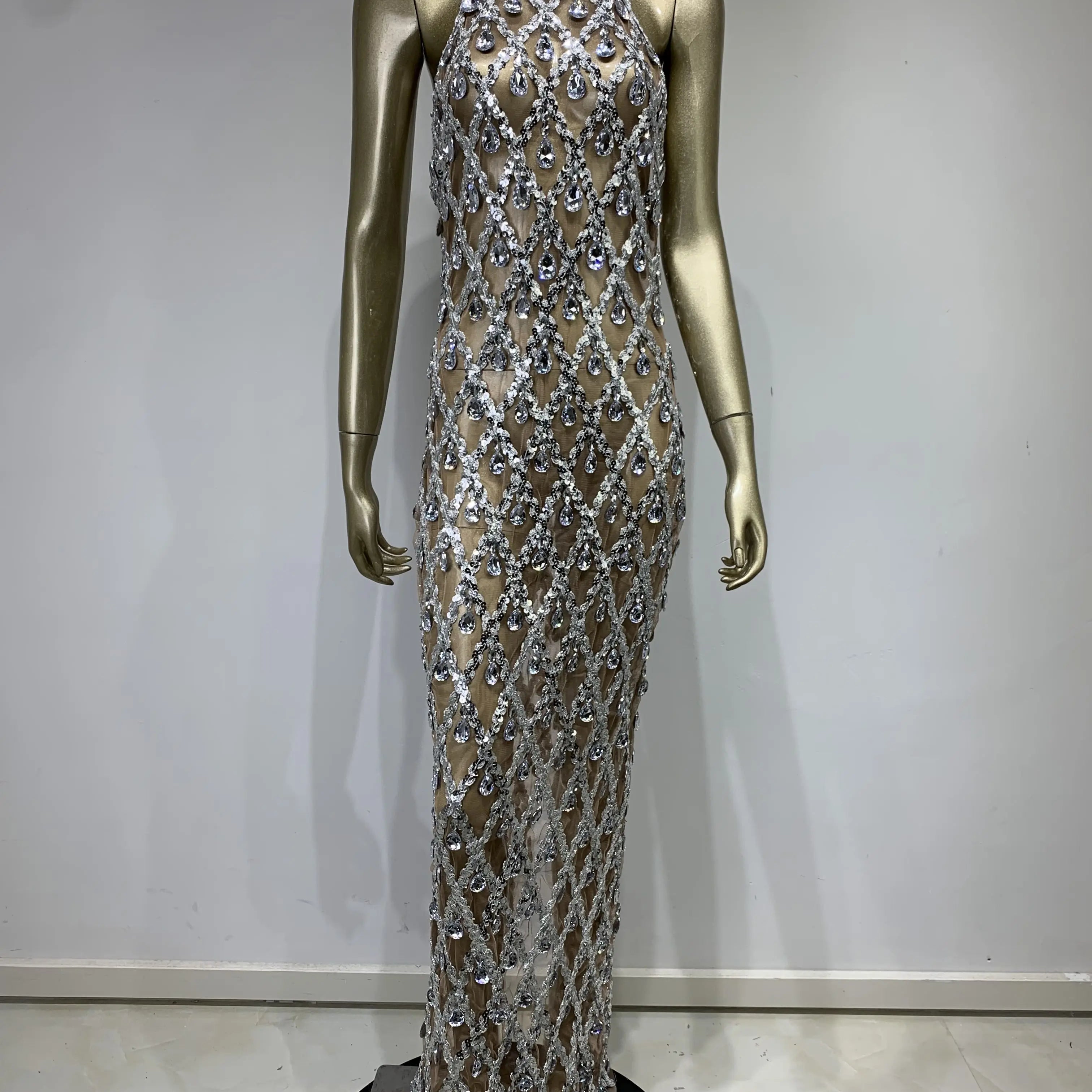 Stock Women Luxury Sexy Mesh Crystal Diamonds Beading Long Dress Birthday Party Costume Bar Nightclub Stage Performance Dress