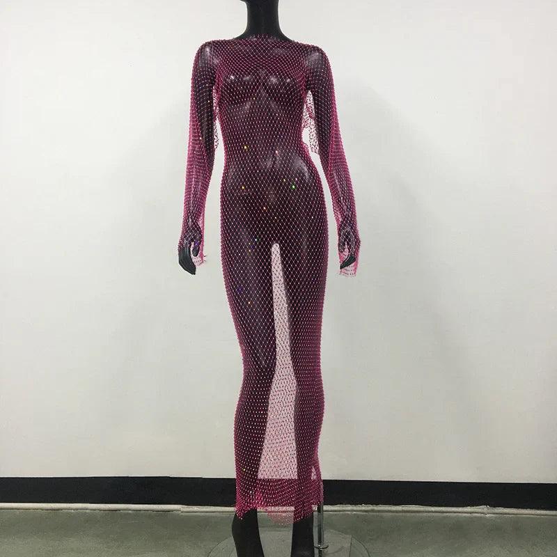 Y2K Sexy Shiny Rhinestones Grid Fishnet Dress Long Sleeve Hollow Out Side Slit Dress Beach Cover Up Breathable Lady Vestidos Rose Red Normal One Size