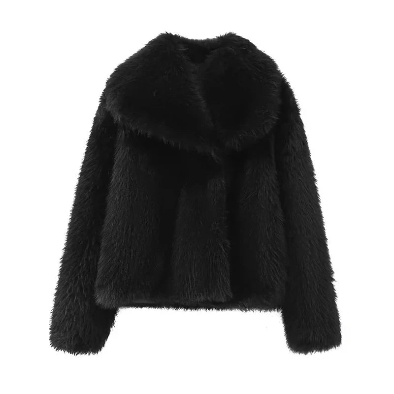 DUOPERI Women Fashion Winter Solid Thick Warm Faux Fur Coat Lapel Collar Long Sleeves Female Chic Lady Casual Outfits Black