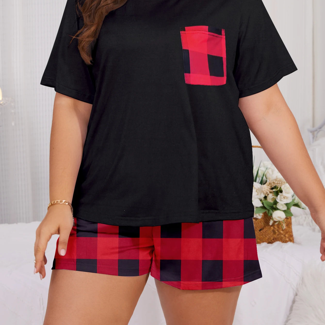 Plus size pajama set Plus size short sleeved shorts Plus size home clothing Plus size milk silk set New 2024 black suit