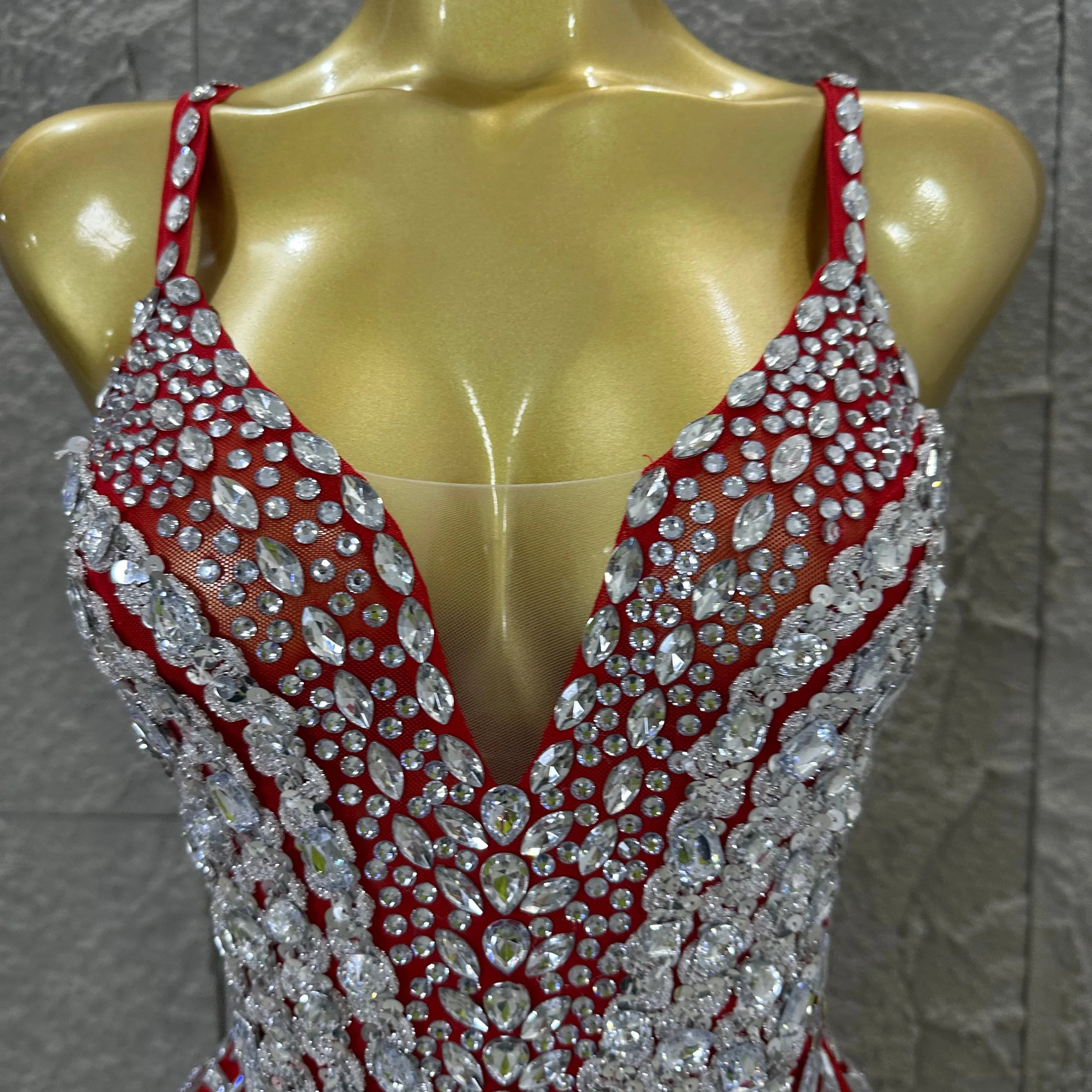 Sexy Sheer Mesh Bodysuit Women Spaghetti Strap V-Neck Full Crystal Embellished Fringe Bodycon Outfit Stage Performance Costume