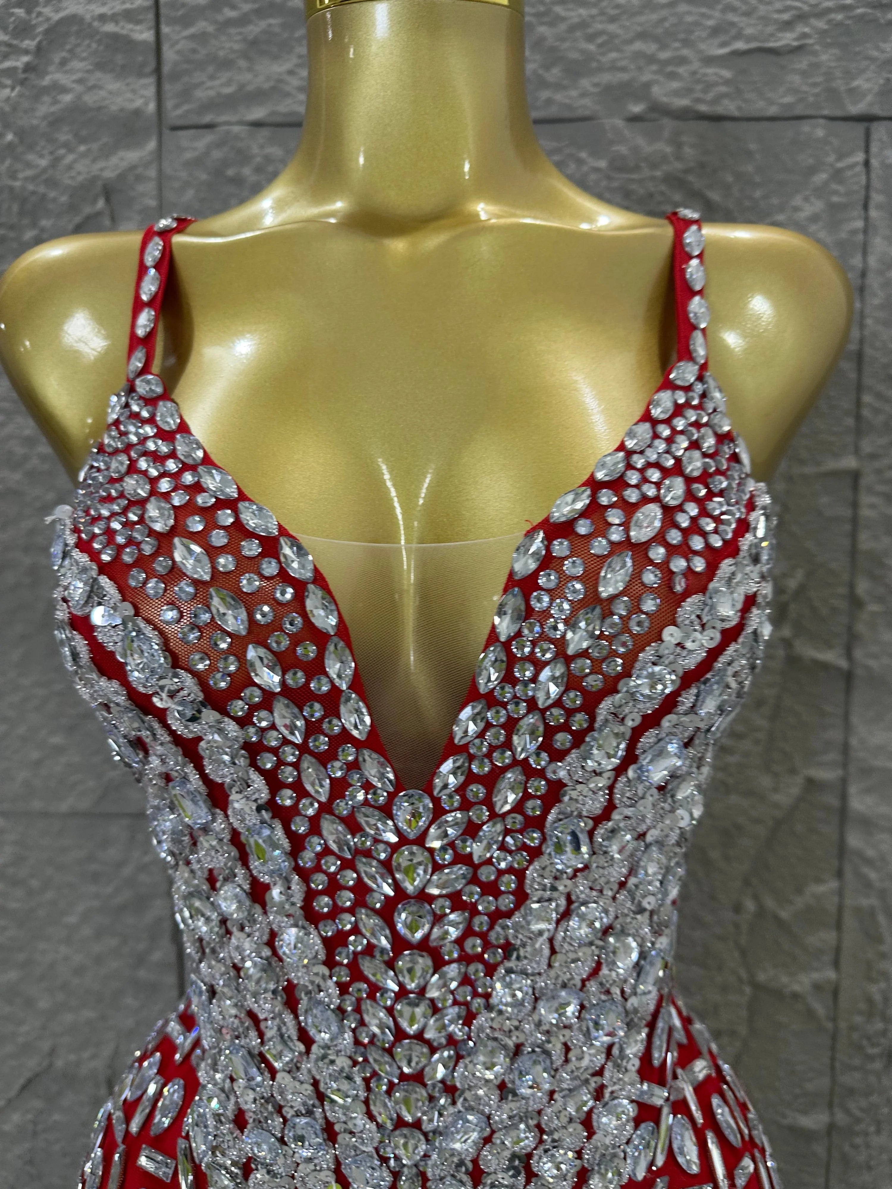 Sexy Sheer Mesh Bodysuit Women Spaghetti Strap V-Neck Full Crystal Embellished Fringe Bodycon Outfit Stage Performance Costume