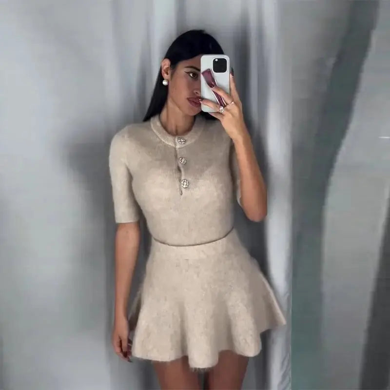 Women Fashion Wool Half Sleeve Slim Skirts Suits Female Button Knit Top Suit New Lady Commute Casual Knitted Outfits LightGray Suit