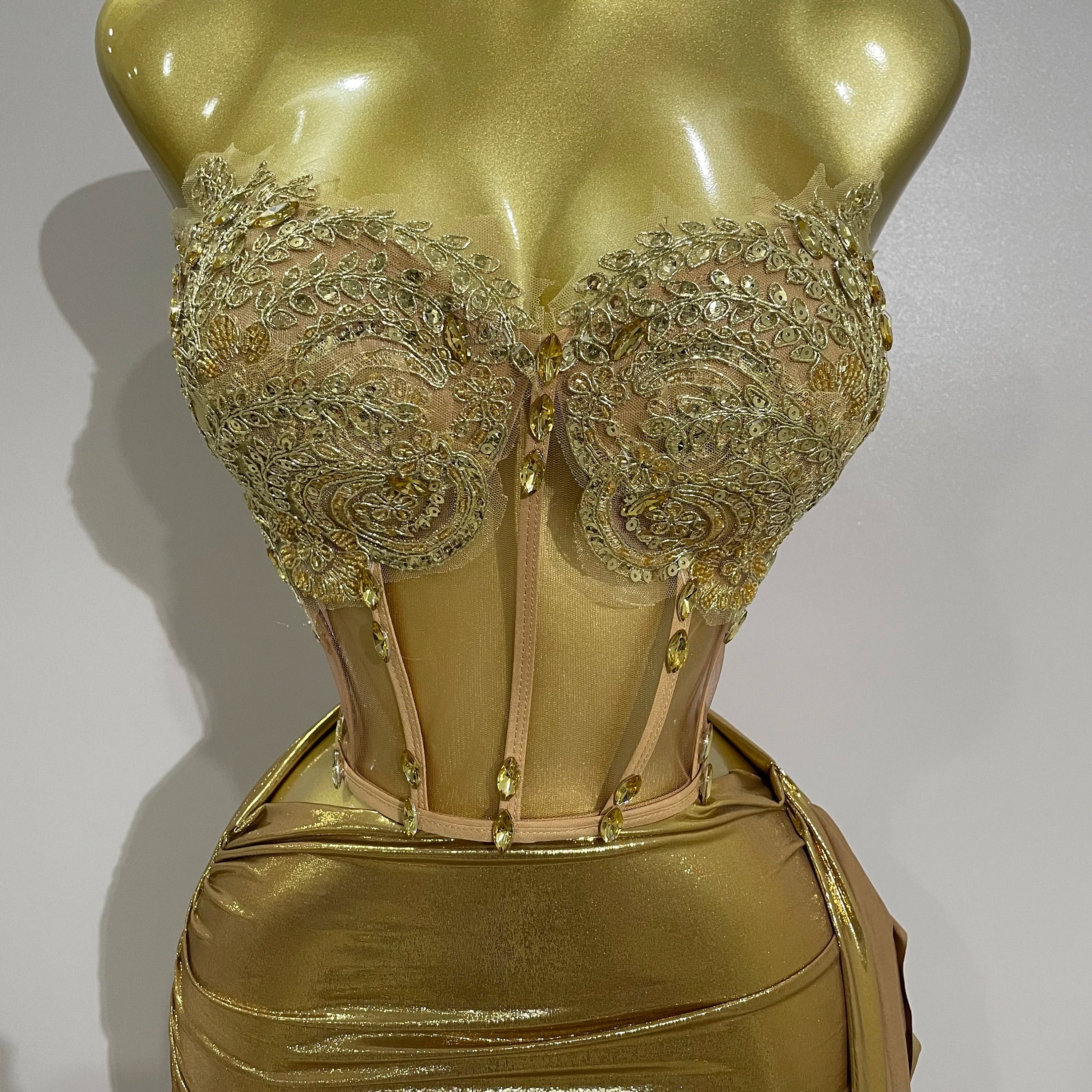 Sparkly Gold Sexy Top Two Pieces Short Skirt Set 2025 Women Celebrate Birthday Dress Party NightClub Dancer Show Stage Outfit