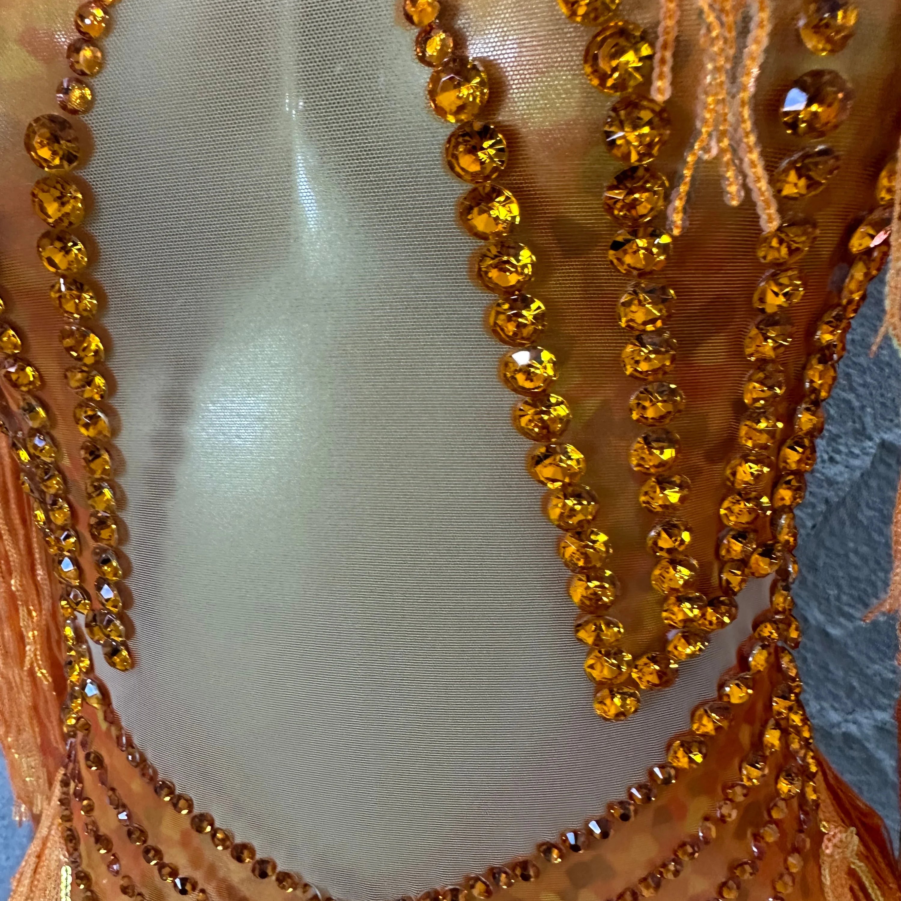 Sparkly Orange Rhinestone Fringe High Neck Dress Women Sheer Mesh Embellished Latin Dance Performance Costume