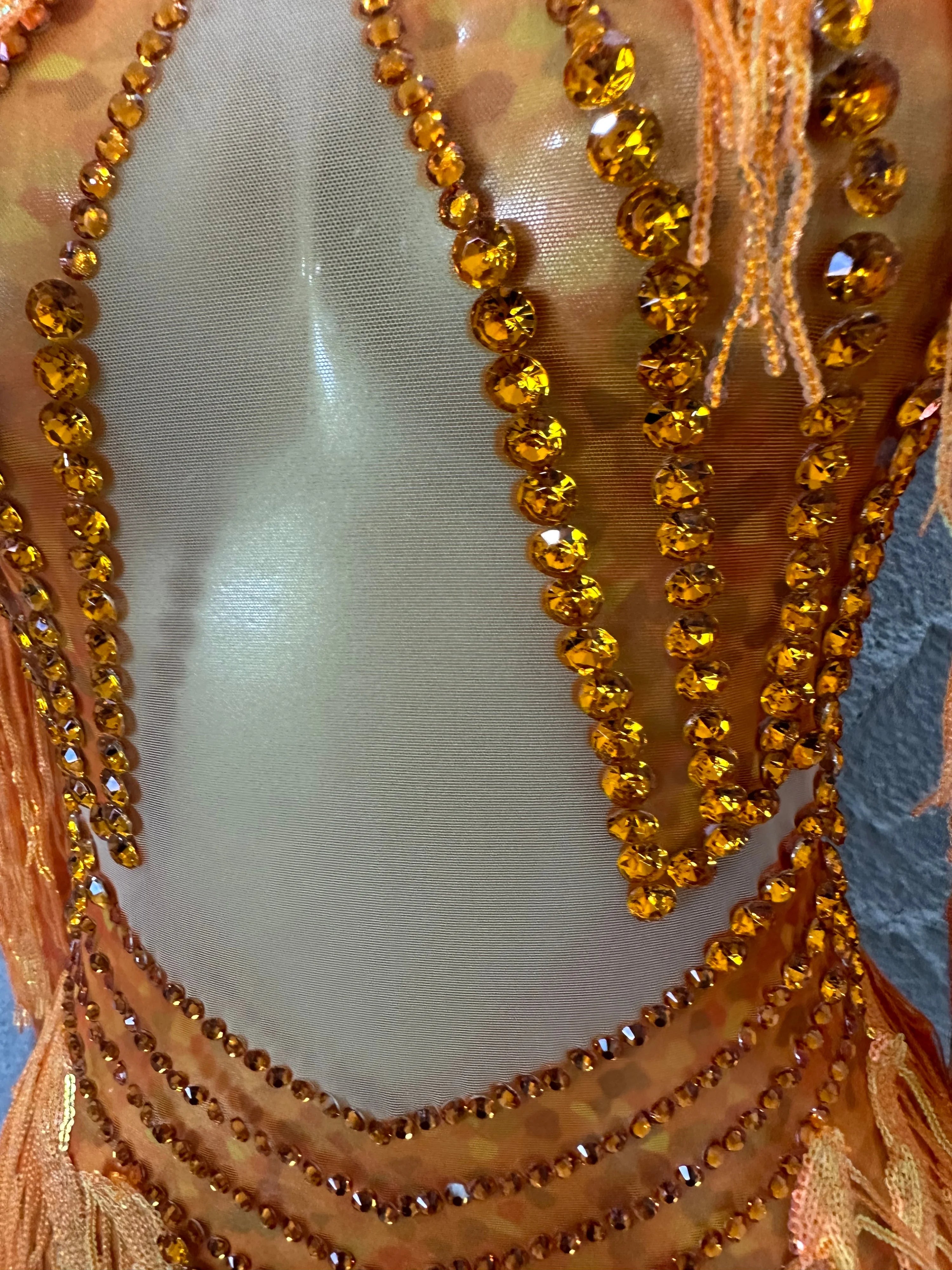 Sparkly Orange Rhinestone Fringe High Neck Dress Women Sheer Mesh Embellished Latin Dance Performance Costume