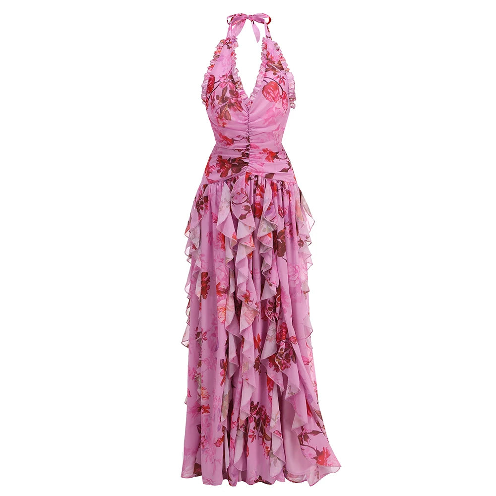 Elegant Pink Floral Halter-Style Ruffled Dress with Side Slit for High-Profile Outdoor Occasions Evening Gown AS PIC