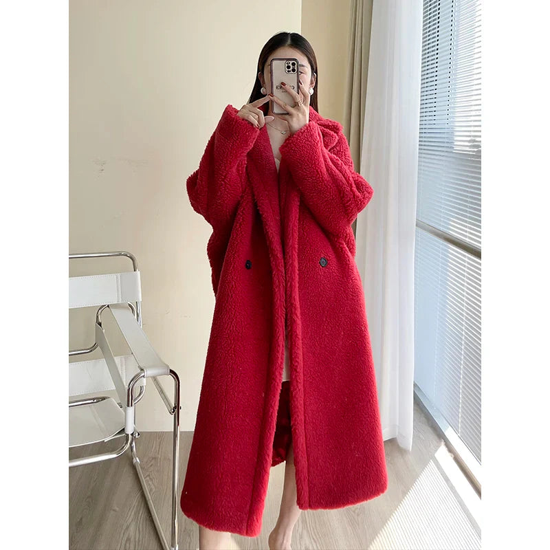 Teddy teddy bear coat women's autumn and winter fur grain camel wool coat alpaca wool med-long woolcoat red