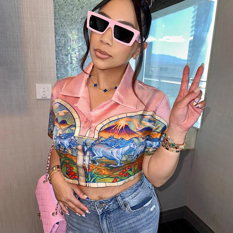 Women Cropped Tops Tees Streetswear 2023 Summer Y2K Graphic Clothes Sexy Vacation T Shirt Casual Blouses Fashion Sweatshirt Tops Pink