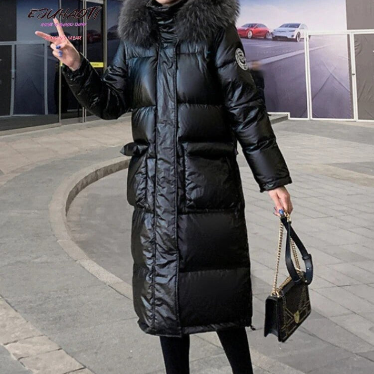 Woman Winter Parkas New Glossy Wash Free Down Cotton Jacket Below The Knees Long Style Hooded Fur Collar Thicken Women's Coat