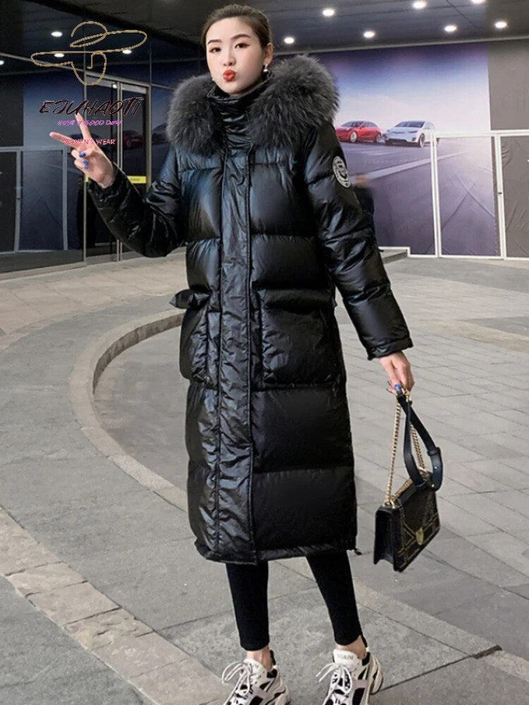 Woman Winter Parkas New Glossy Wash Free Down Cotton Jacket Below The Knees Long Style Hooded Fur Collar Thicken Women's Coat