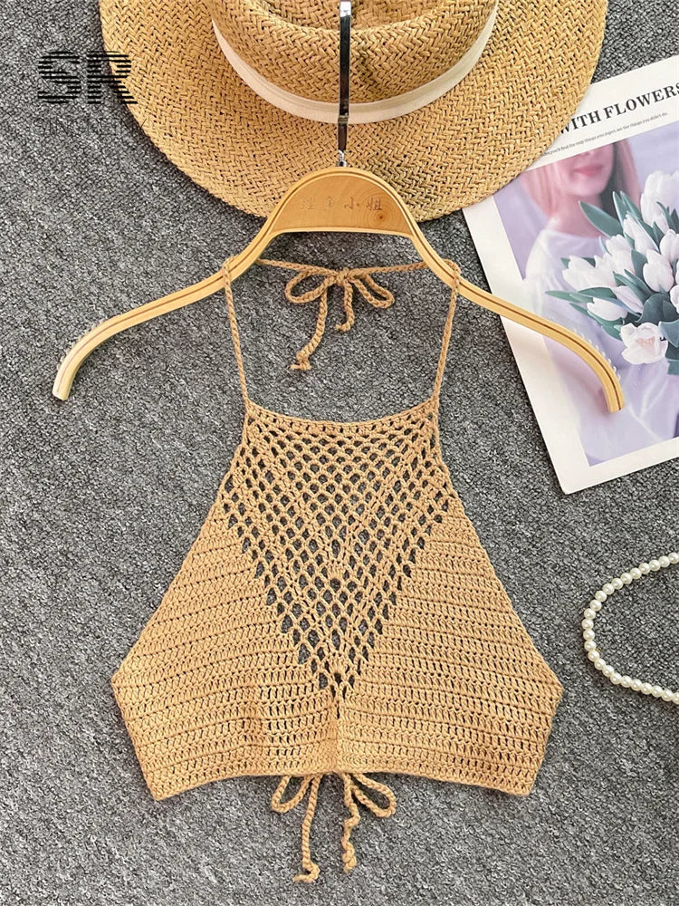 SINGREINY Summer Knit Camisole Women Hollow Out Design Solid Backless Halter Retro Fashion Ladies Sexy Beach Slim Tank Top khaki One Size