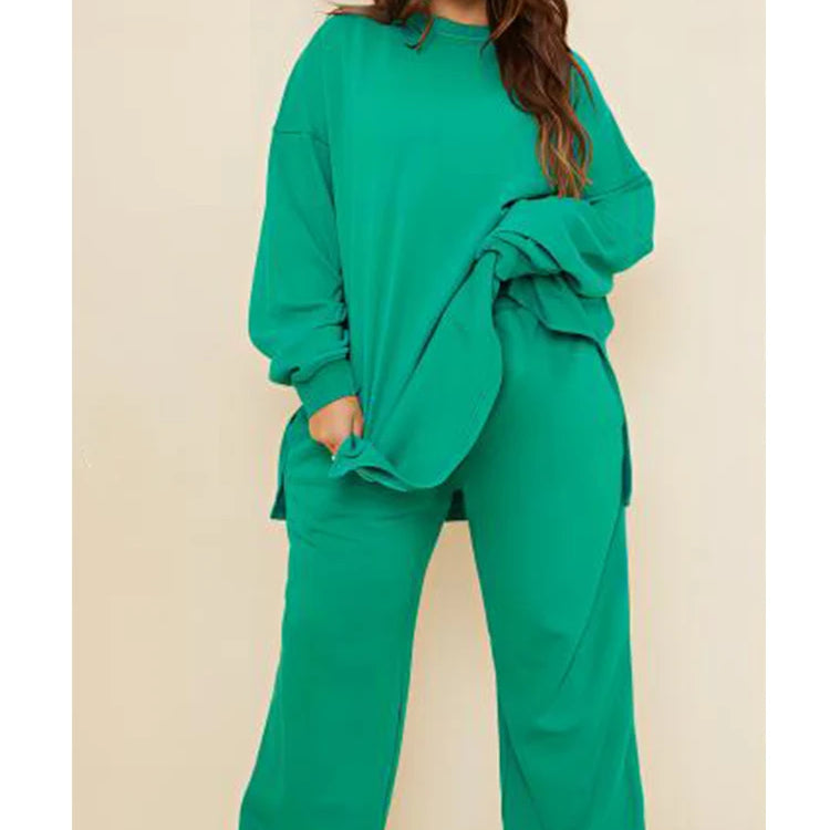 Women's Plus Size Casual Sport Matching Set Cargo Pant and Long Hooded Round Neck Two Piece Set Solid Leisure Loose Outfit Set Green