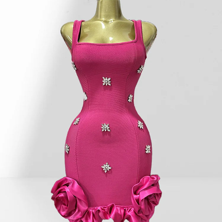 2025 Summer Shining Diamonds Sleeveless Sexy Bodycon Mini Bandage Dress Ruffles Celebrate Evening Party Birthday Outfit Vestido Rose Red