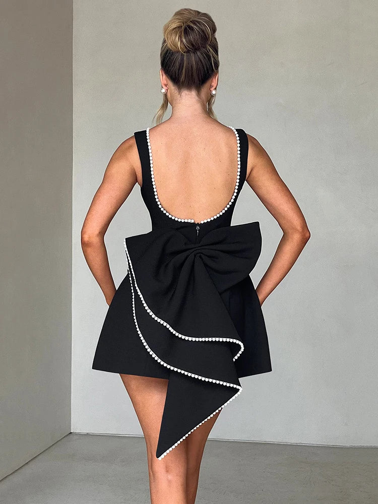 Pearl Bow Backless Sexy Mini Dress For Women Robe Fashion Zipper Sleeveless High Waist A-line Club Party Dress Elegant black