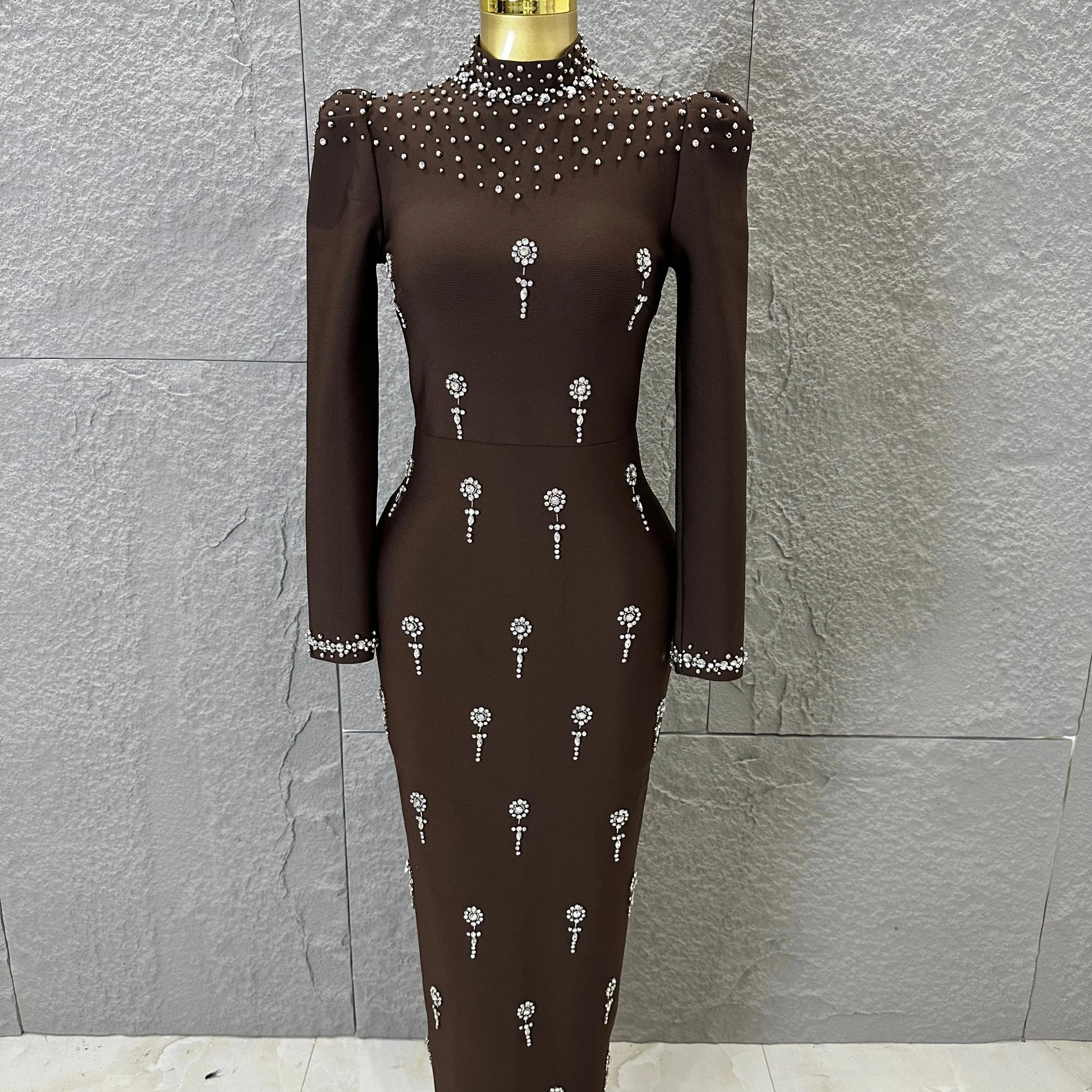 Sophisticated Brown High Neck Maxi Dress Women Sexy Long Sleeve Crystal Pearl Embellished Bodycon Outfit Cocktail Party Costume Brown