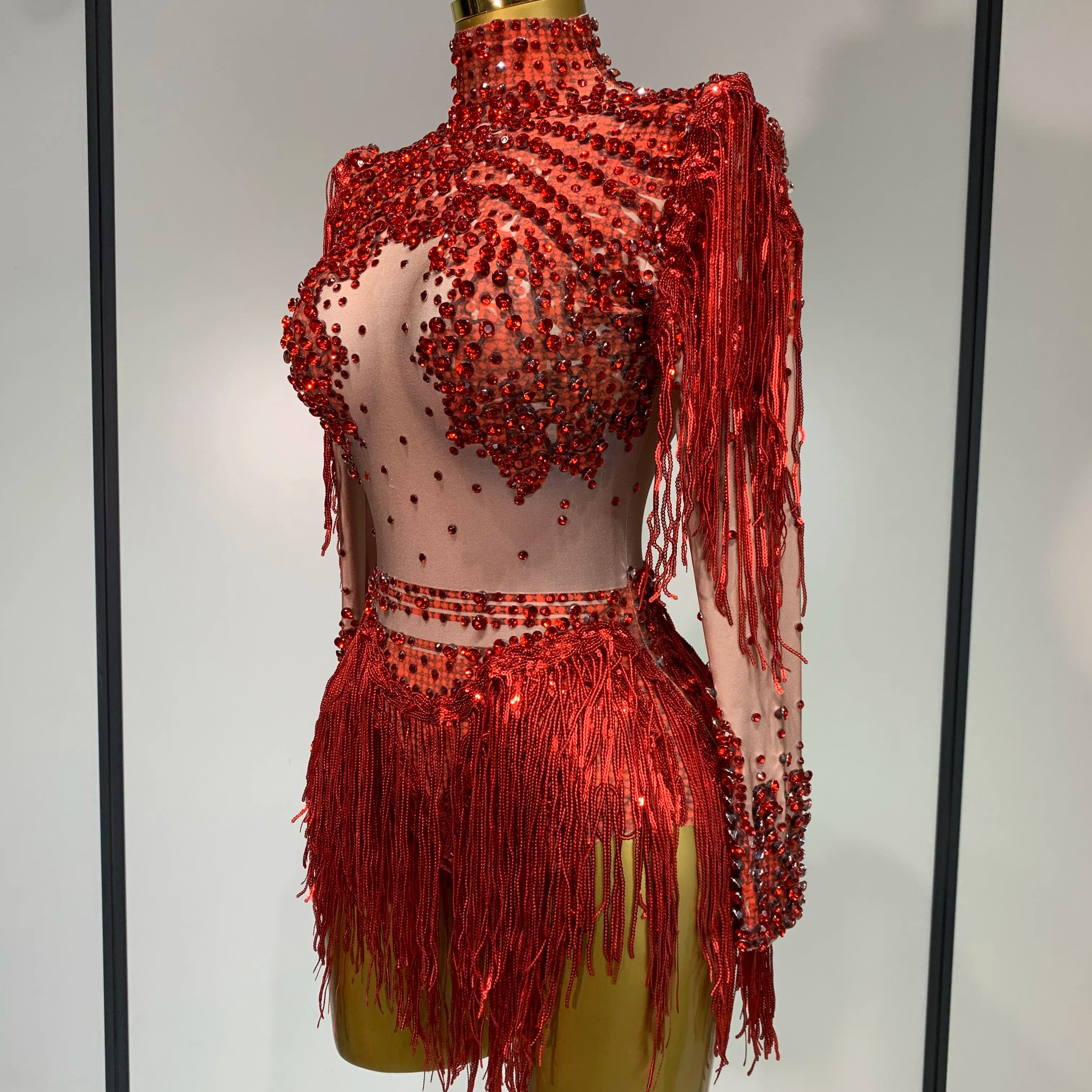 Women Sexy Elasticity Performance Dance Nightclub Rompers Singer Stage Outfit Sparkly Rhinestone Tassels Bodysuit Birthday Wear