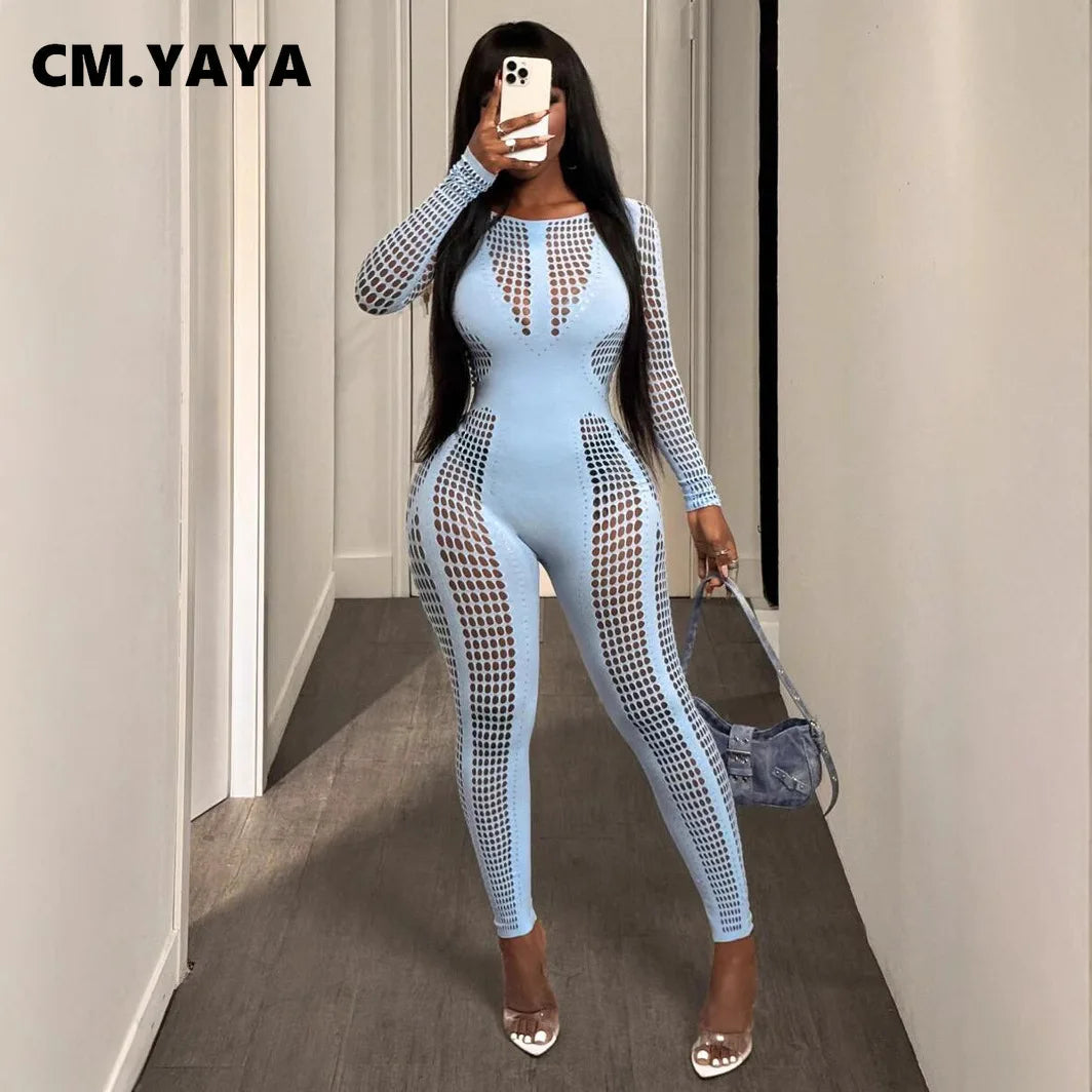 2025 O-neck Full Sleeve Women Mesh Hollow Out Jumpsuits Casual Night Club Sexystreet Sexy Perspective Outfits Rompers