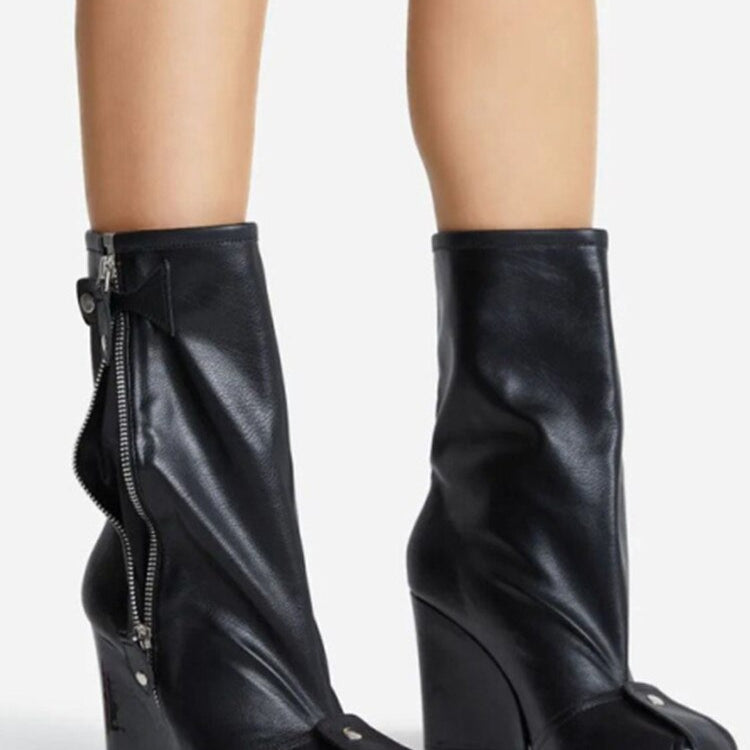 Punk Fan Motorcycle Boots Wome's Zipper Thick Sole Knee High Boots European and American Trend Nightclub Party black short