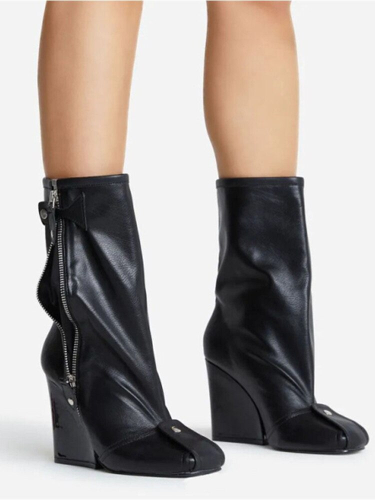 Punk Fan Motorcycle Boots Wome's Zipper Thick Sole Knee High Boots European and American Trend Nightclub Party black short