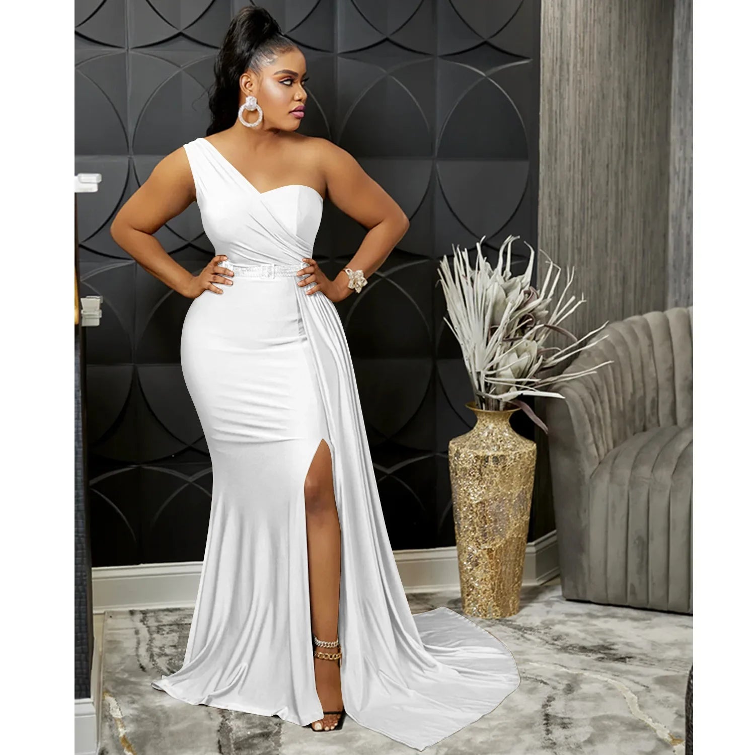 One Shoulder Skew Neck Tassel Side Floor Length Mermaid Long Maxi Dress Women 2022 Sexy Party Club Even Prom Dresses WHITE