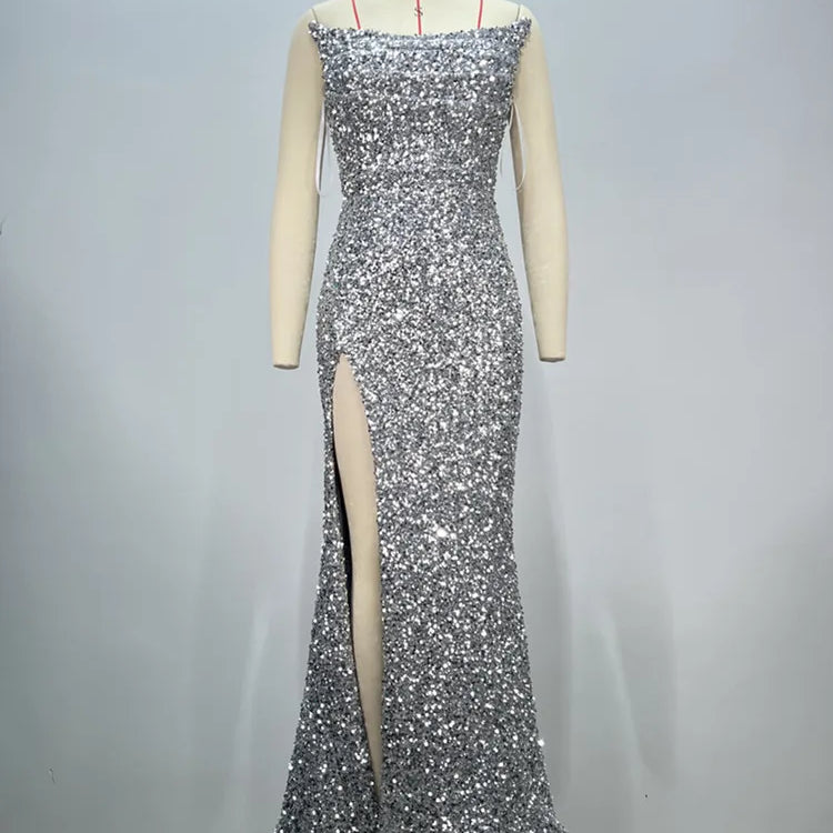 Women Sexy Strapless Backless Mesh Sequins Maxi Long Silver Bodycon Dress 2024 Elegant Party Evening Stage Performance Vestido