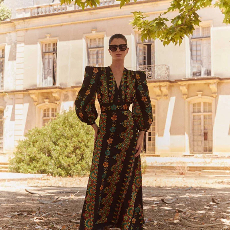 Vintage Printed Pleated Suit Dress Shoulder Pads Puff Sleeve V-neck Top High Waist Skirt Female New Spring Autumn Lady Suit Black