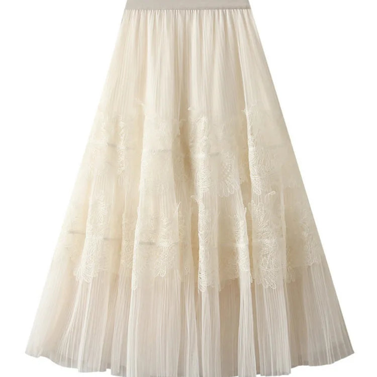 UCXQ New Products Sweet Cake Spliced Skirt Lace Pleated Mesh Large Hem A-line Skirts For Women New Spring Autumn 23A7001
