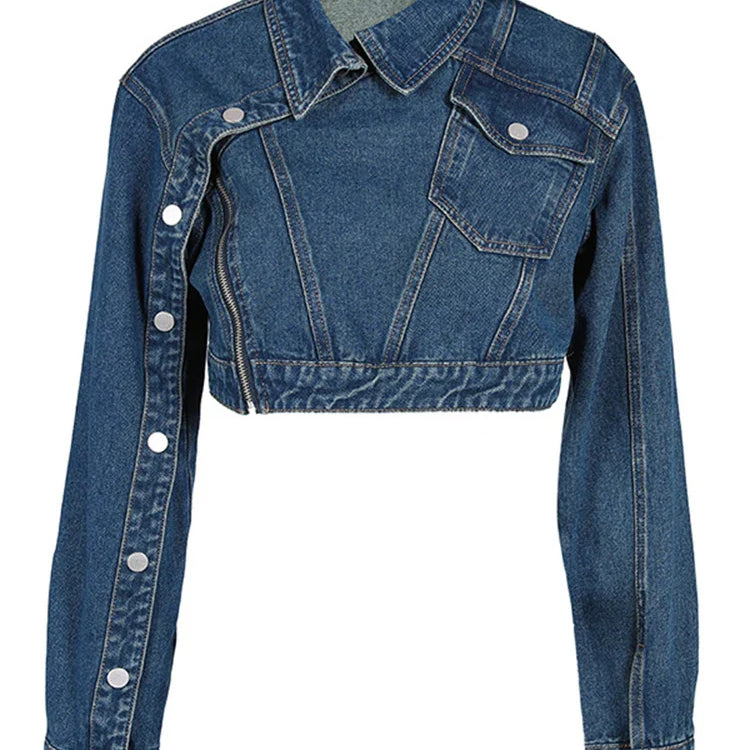 DEAT Fashion Women's Denim Jackets Lapel Retro Deconstruction Asymmetry Zipper Long Sleeve Short Coat Winter New 29L1194