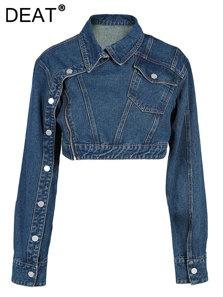 DEAT Fashion Women's Denim Jackets Lapel Retro Deconstruction Asymmetry Zipper Long Sleeve Short Coat Winter New 29L1194