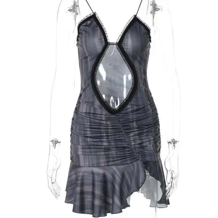 Mozision Hollow Out Spaghetti Strap Sexy Mini Dress For Women Off-shoulder Strapless Ruffled Ruched Skinny Split Dress Vestido