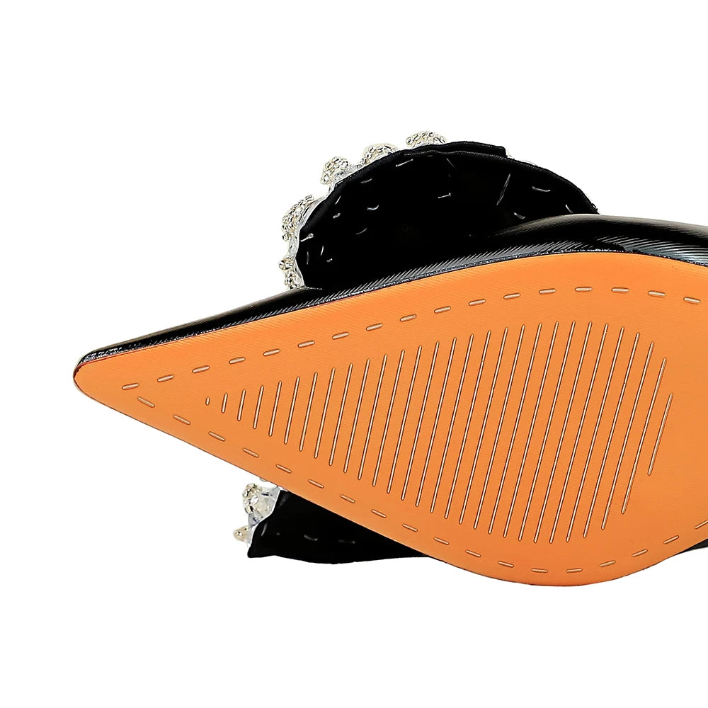 Women 5.5cm High Heels Green Pumps Lady Plus Size 34-43 Wedding Middle Low Kitten Heels Bling Crystal Rhinestone Party Bow Shoes