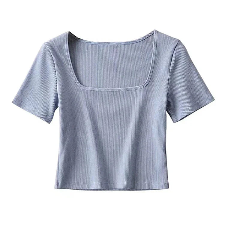 Women Square Neck Rib Crop T-shirt Short Sleeve Crop Top