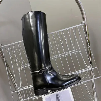 Autumn Winter Women Knee High Boots for Woman's Round Toe Low Heels Knight Boots Sexy Slip-On Women Thick Bottom Motorcycle Shoe Black patent leather