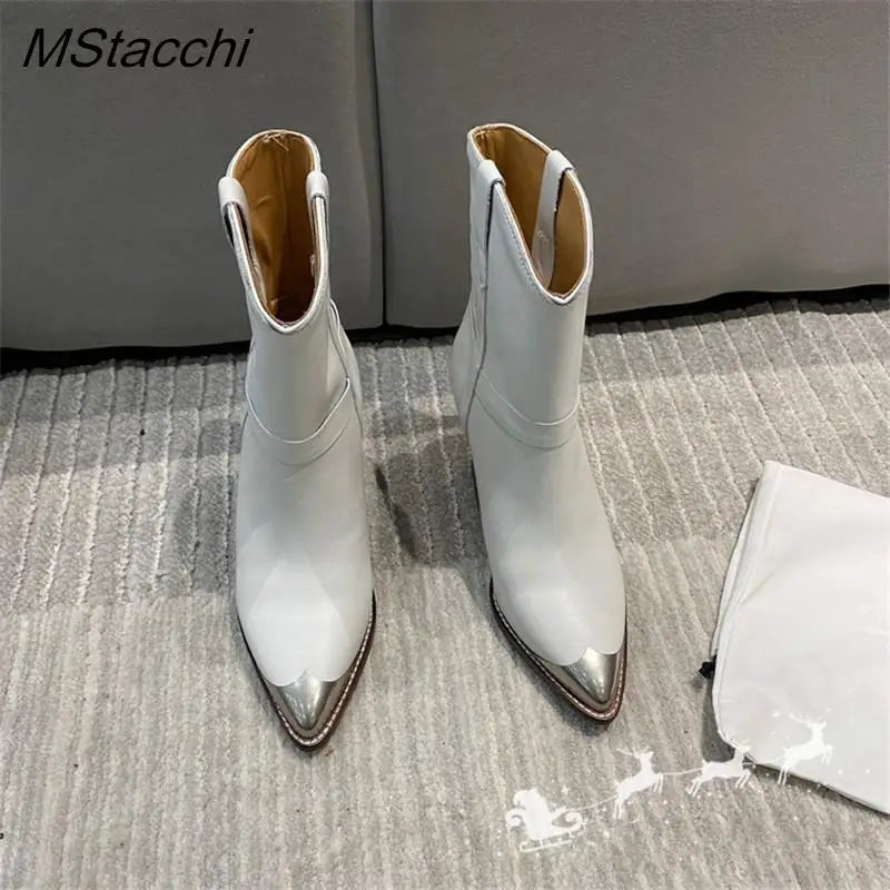 Metal Toe Women's Knight Boots Elegant Genuine Suede Leather Short Boots Ladies Strange Heel Shoes Women Slip-on Mid-calf Boots WHITE
