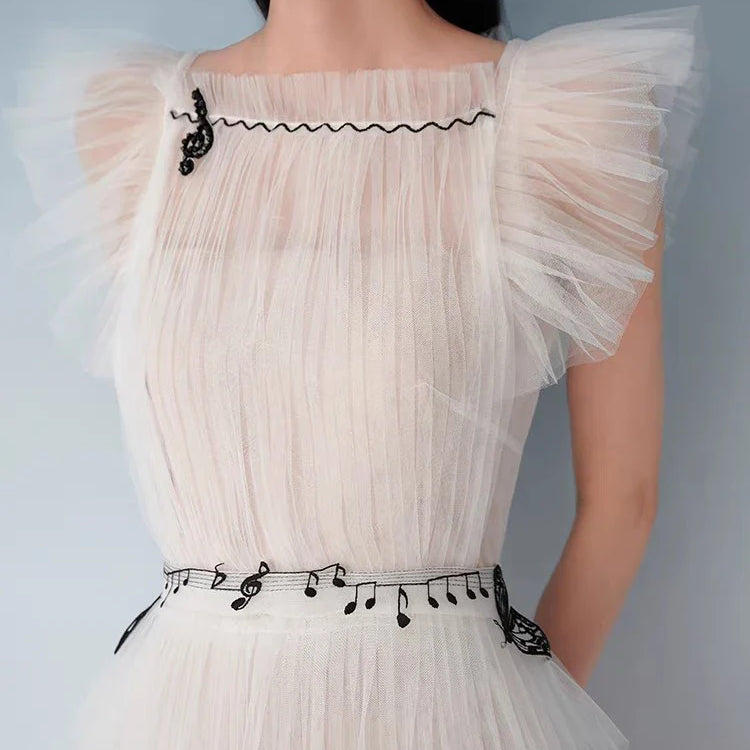 DEAT Gauze Women Dress Print Short Flying Sleeve A Line High Waist Medium Long Elegant Chic Style New Spring 15KB5996