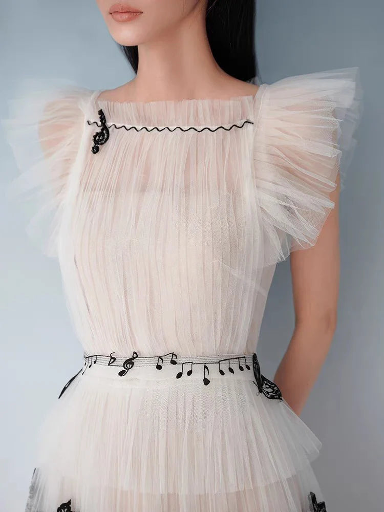 DEAT Gauze Women Dress Print Short Flying Sleeve A Line High Waist Medium Long Elegant Chic Style New Spring 15KB5996