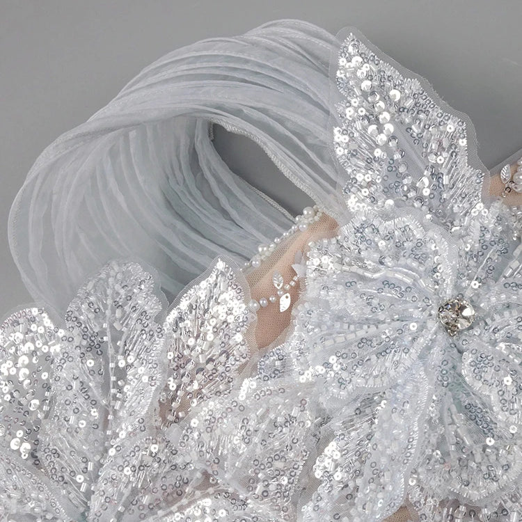 Dreamy Beige 3D Floral Sequin Pearl Design Off Shoulder Strapless Mini Dress for Party Evening Gown