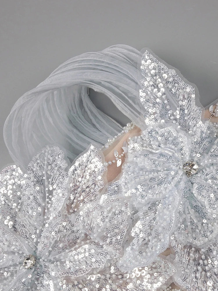 Dreamy Beige 3D Floral Sequin Pearl Design Off Shoulder Strapless Mini Dress for Party Evening Gown