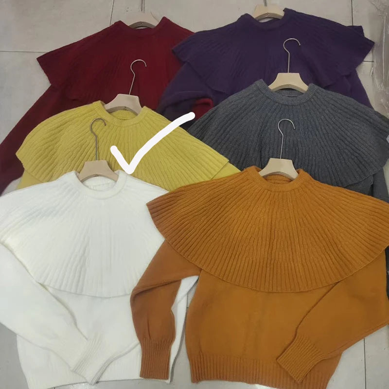 Autumn Winter New Design Fake Two-Piece Shawl Long Sleeve Pullover Sweater For Women Knitted Top Female Trend 11A07562 Yellow One Size