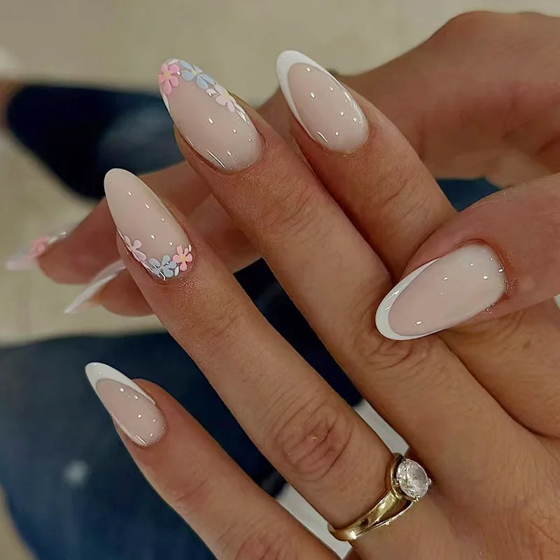 24Pcs Frosted Nude Color False Nails Press on Long Almond Round Head Nails Set with Cute Flowers Design Detachable Fake Nail Tip 1953