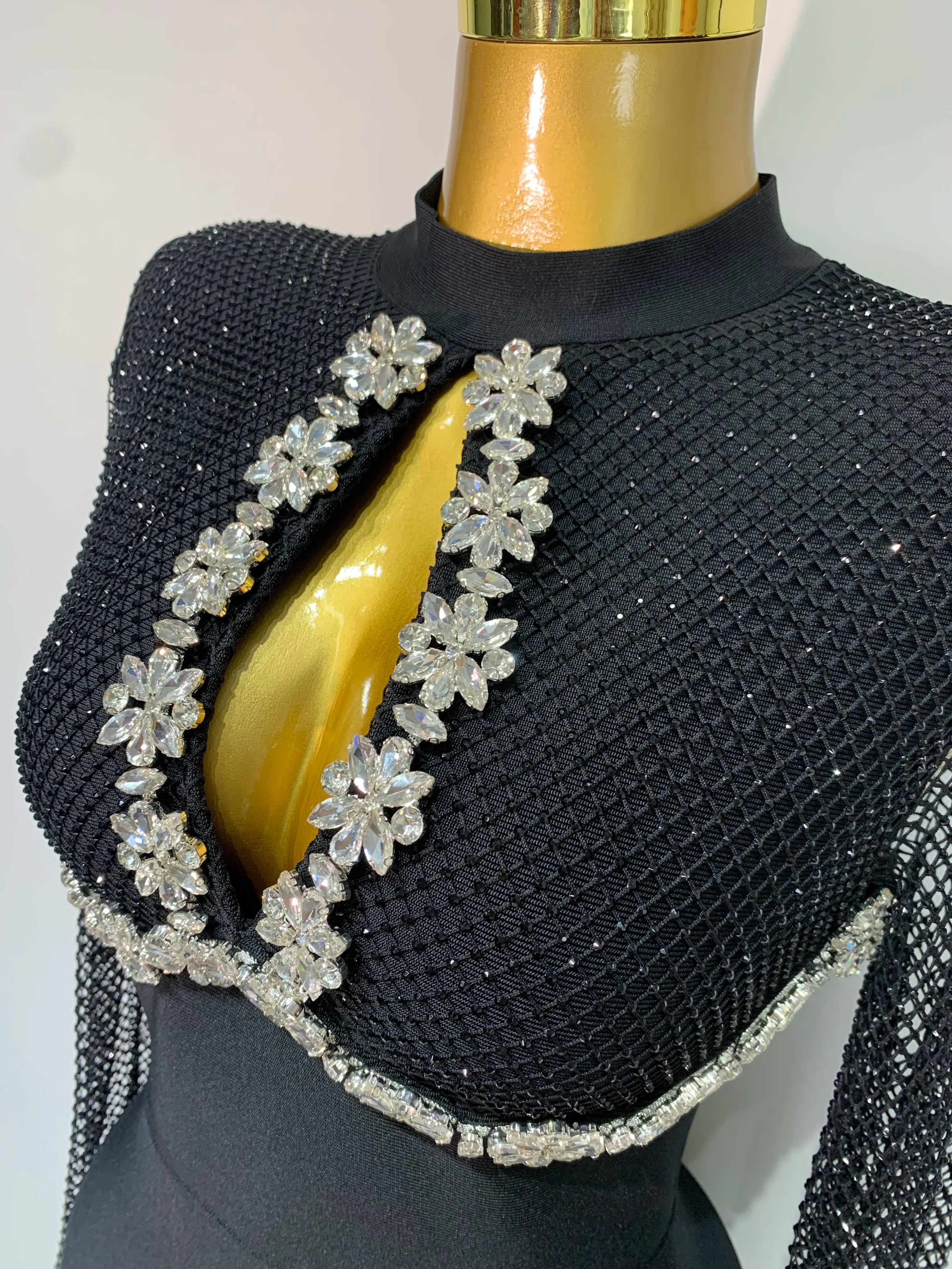 Women Sexy Long Sleeve Beading Black Maxi Long Bandage Dresses Birthday Party Celebrity Elegant Knitted Bodycon Club Dress