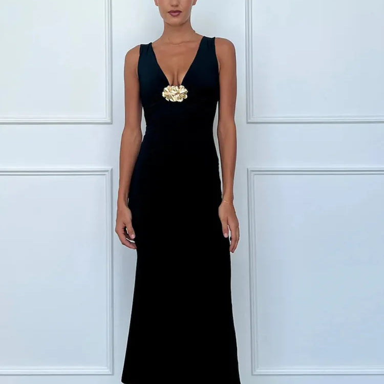 Mozision Elegant Deep V Neck Front Gold Clasp Sexy Maxi Dress For Women Black Gown Sleeveless Slim Fit Long Tank Dress Elegant black