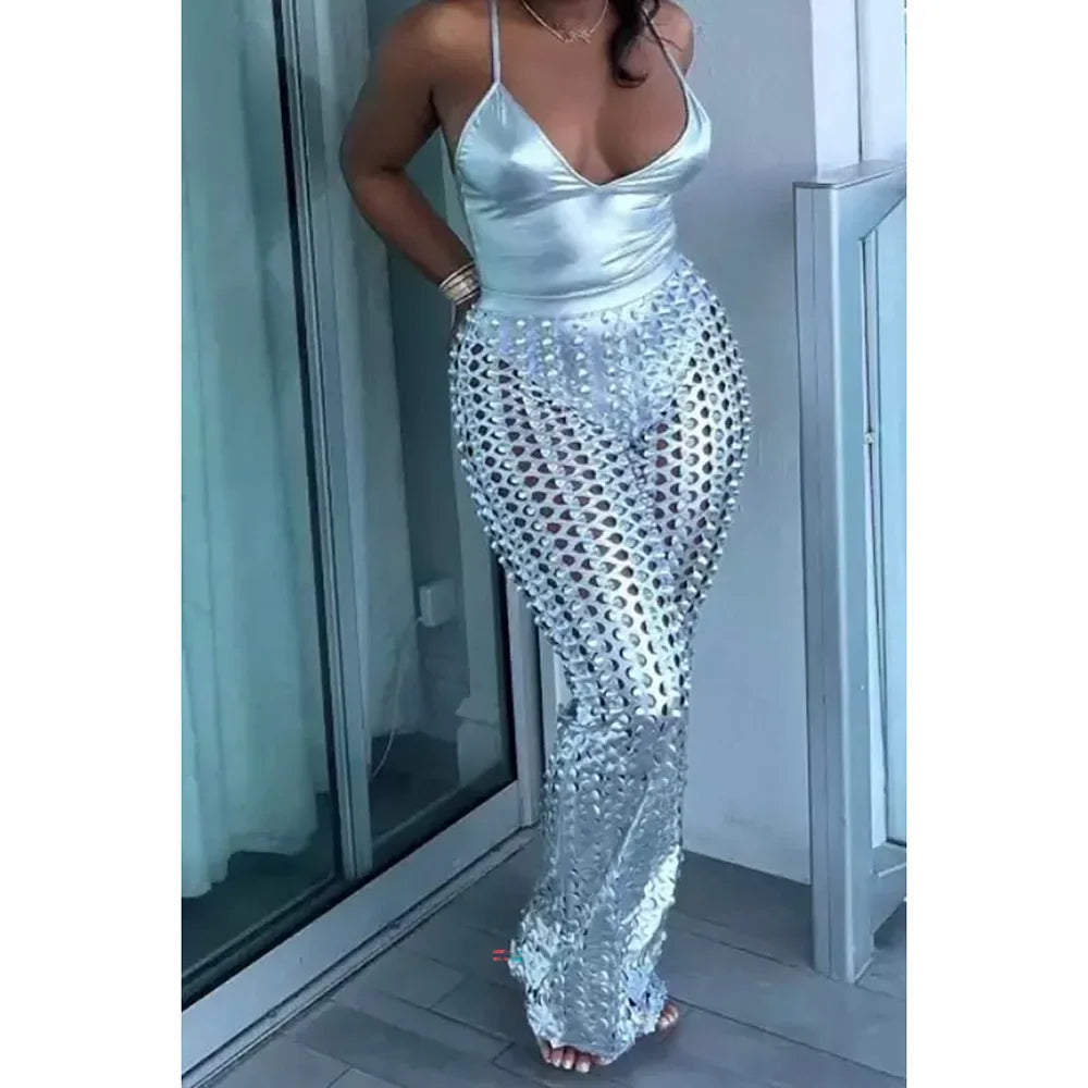 Plus Size Silver Solid Festival Metallic Hollow Sleeveless Two Pieces Pant Sets 2025 New Fashion Silver