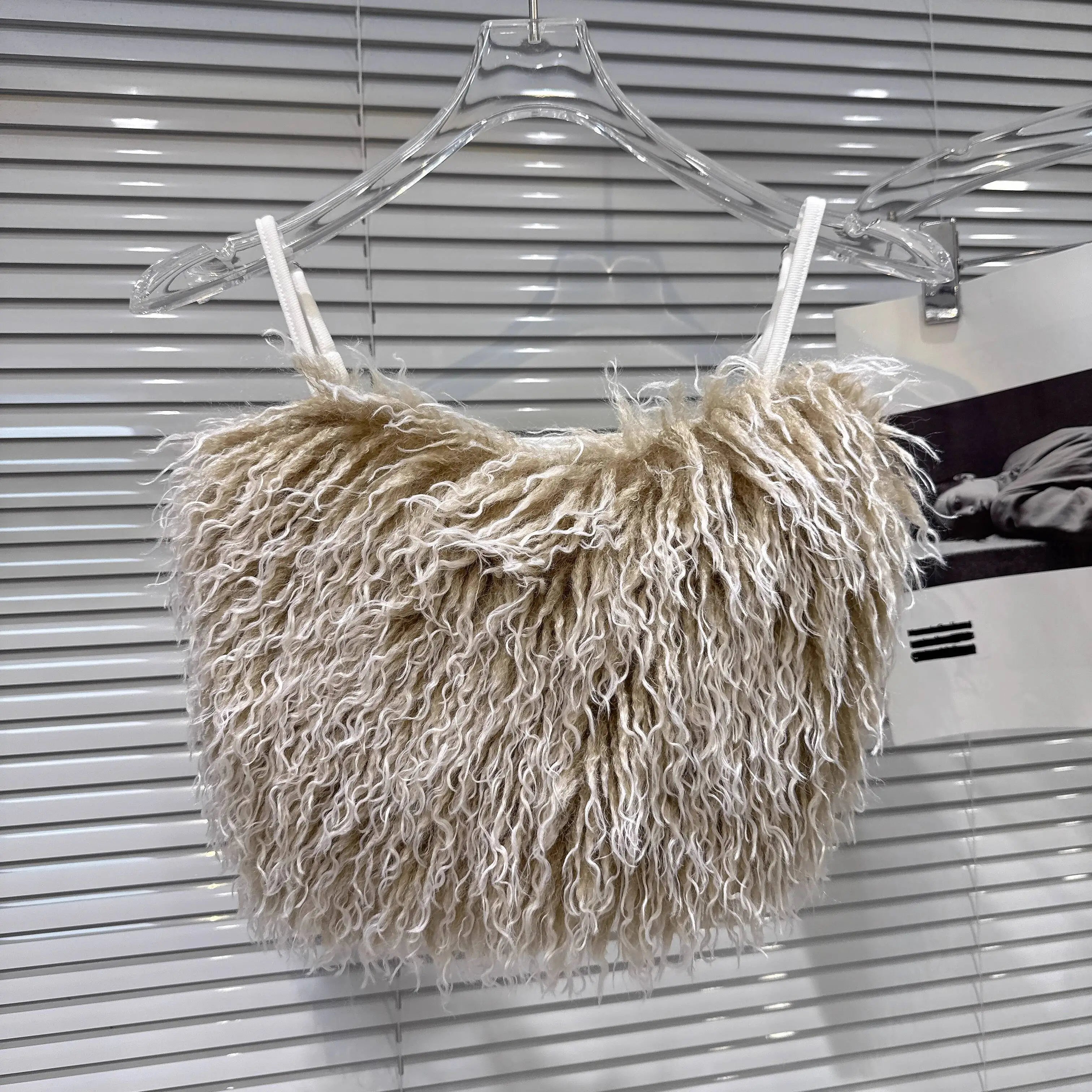 Winter New Sweet Temperament Faux Wool Adjustable Strap Camisole For Women Backless Tank Top Female 11A07775 Khaki One Size