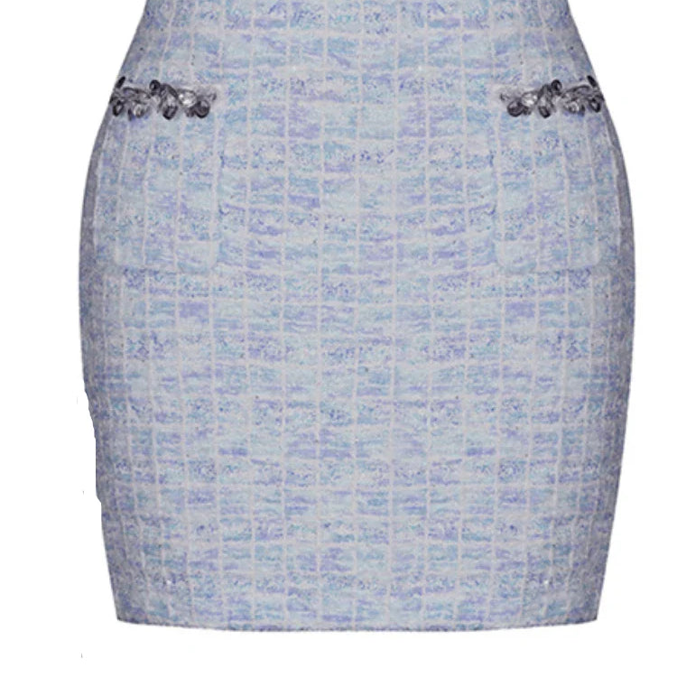 Two Piece Sets for Women Round Neck Long Sleeves Spliced Diamonds Top High Waist Patchwork Pockets Skirt Female New BLUESKIRT